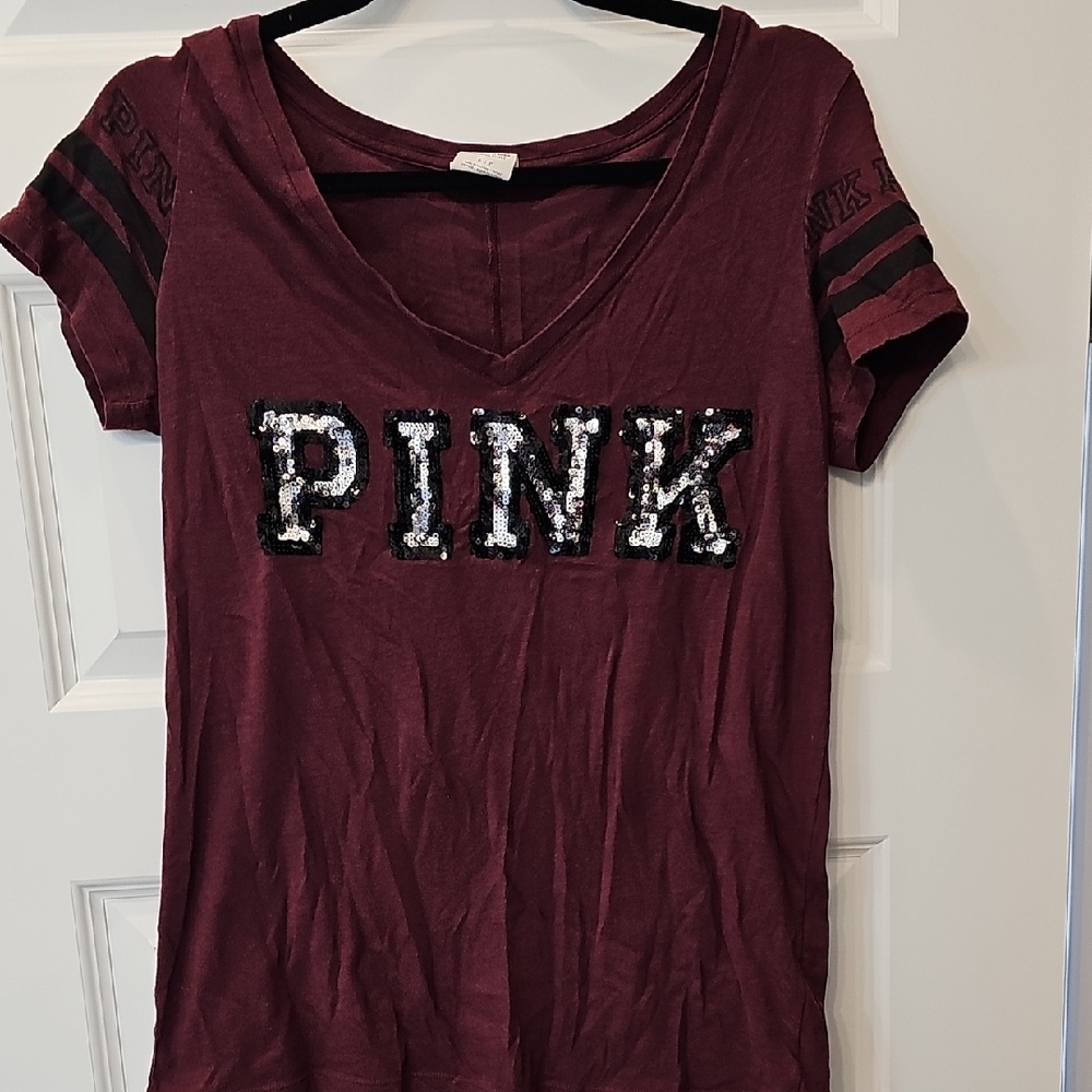 PINK Victoria's Secret Maroon Sequin Tee